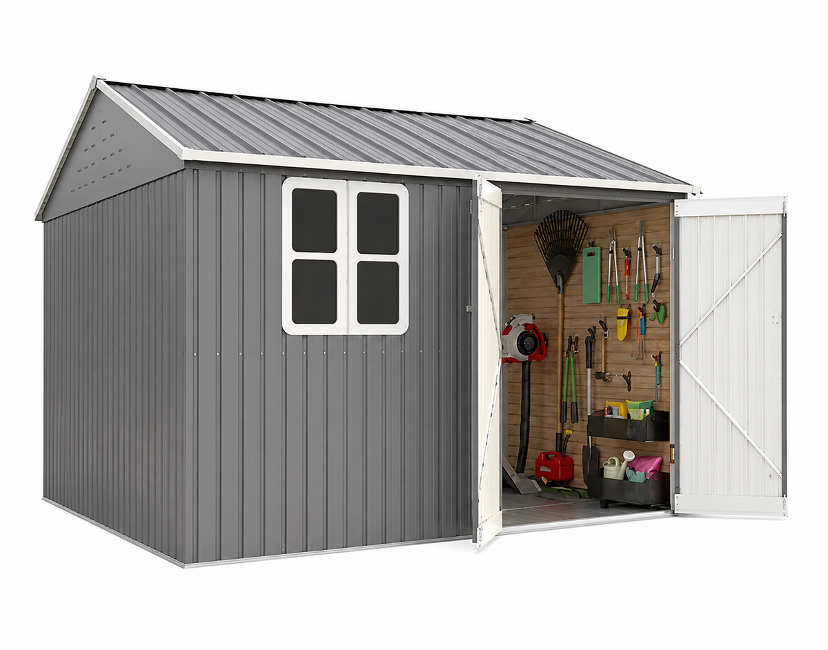BIRCHTREE Garden Shed Steel Apex Roof House Outdoor Backyard Storage With Lockable Double Doors Window Free Foundation Tool Equipment Organizer Air Vents 10x8FT Grey