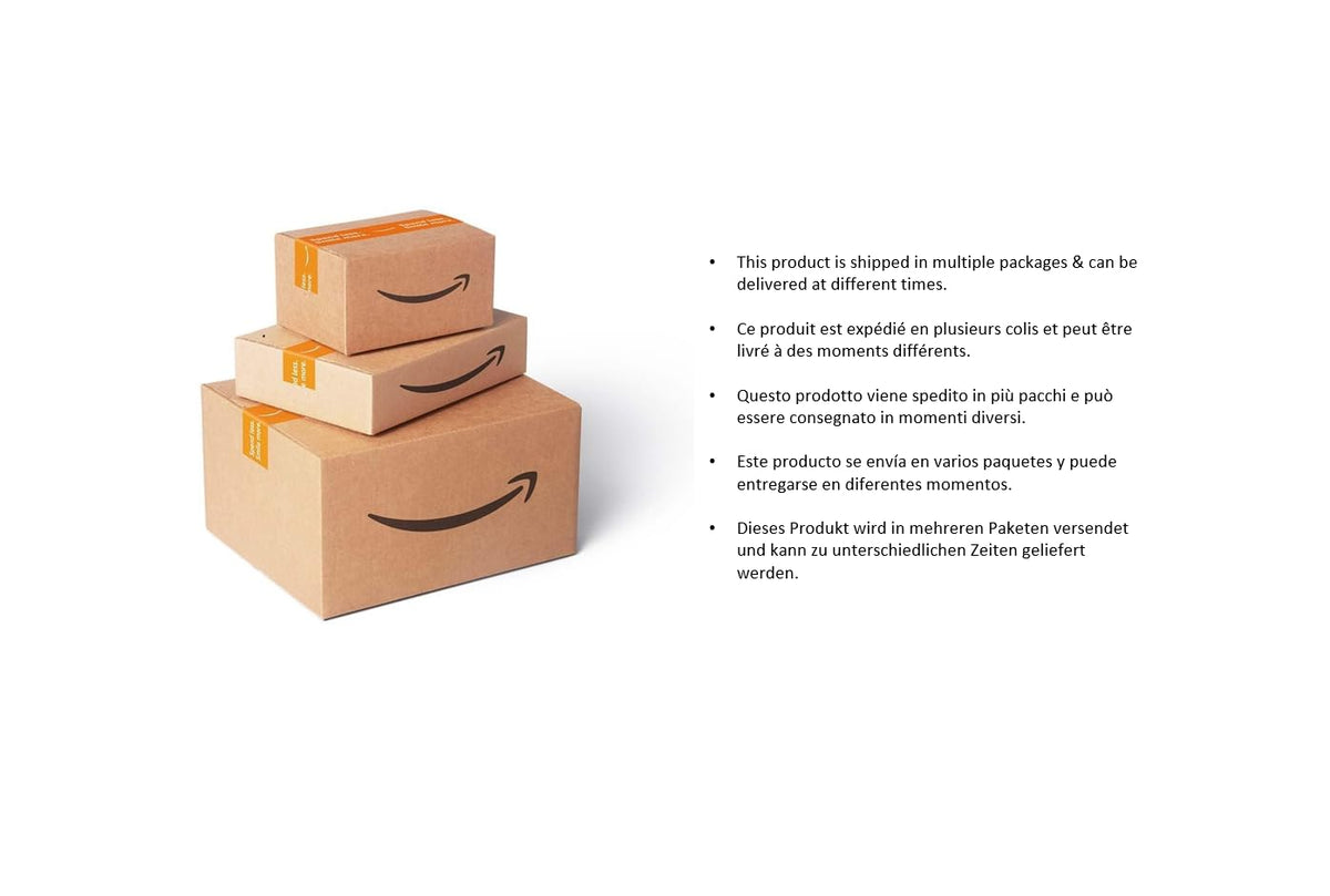 Three stacked cardboard shipping boxes with a smile logo beside multilingual delivery text.
