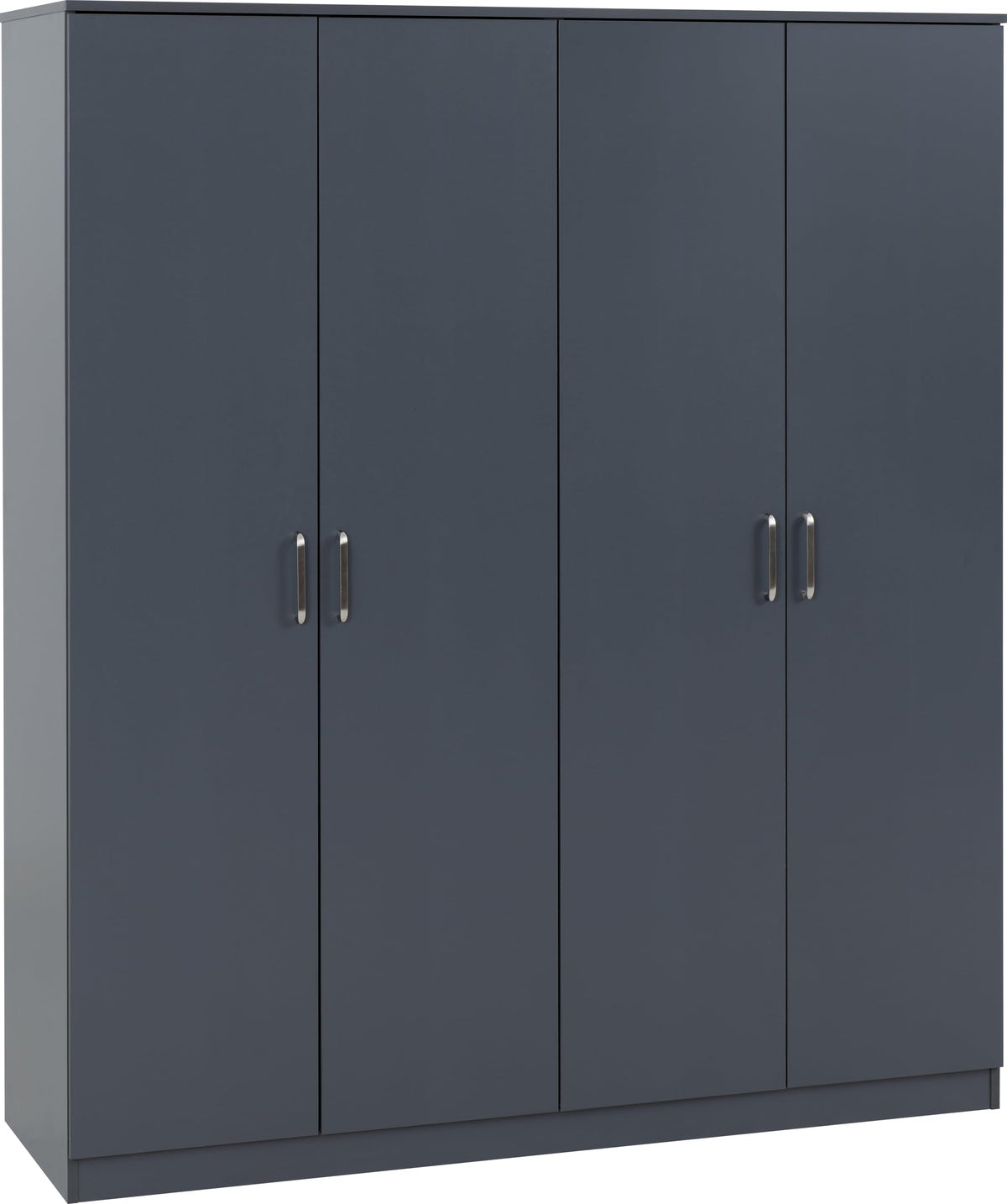 Front view of dark grey four-door wardrobe with slim vertical metal handles and minimalist flat top