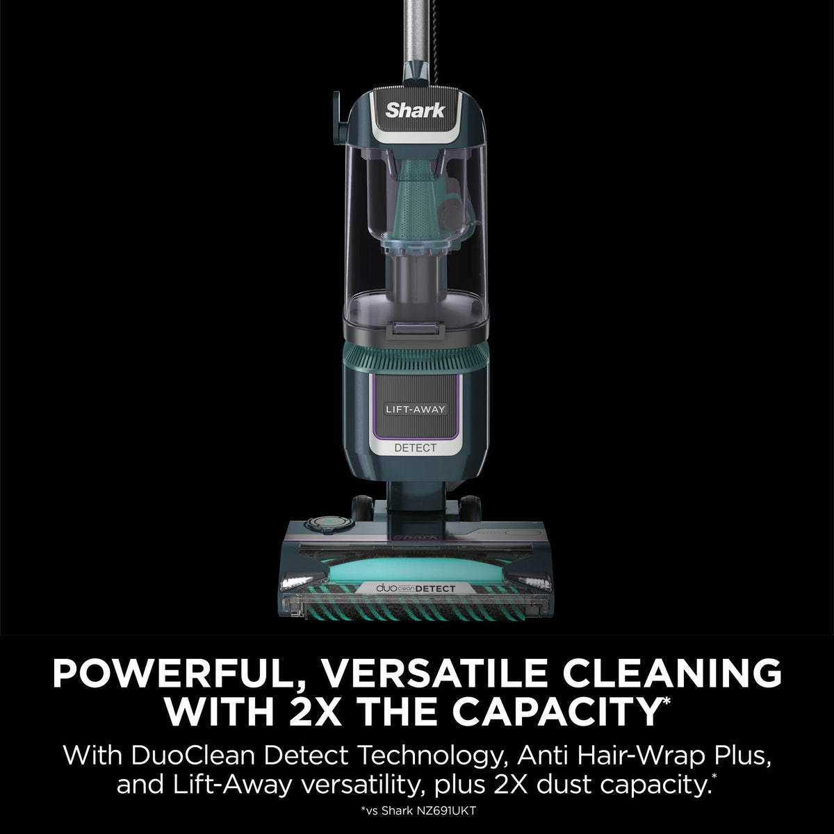 Close-up of transparent dust bin and Lift‑Away pod on Shark vacuum against a black background