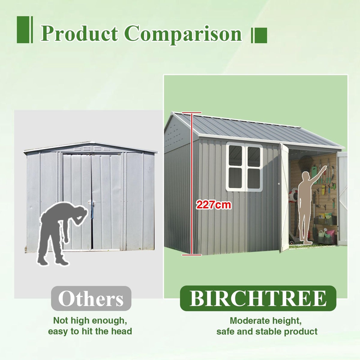 BIRCHTREE Garden Shed Steel Apex Roof House Outdoor Backyard Storage With Lockable Double Doors Window Free Foundation Tool Equipment Organizer Air Vents 10x8FT Grey