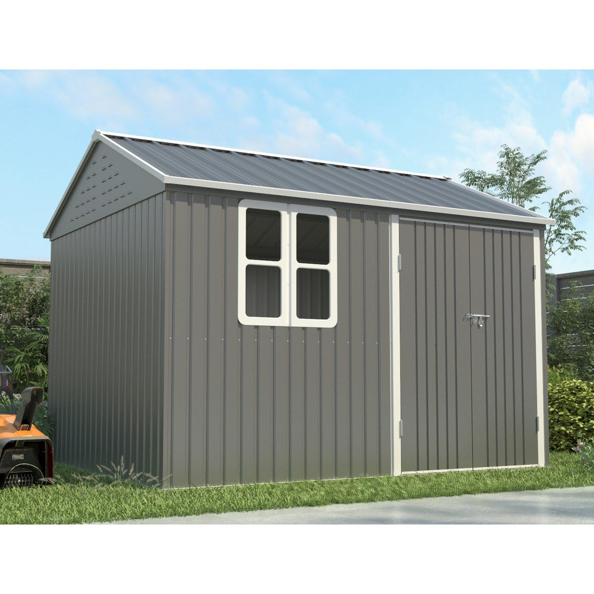 BIRCHTREE Garden Shed Steel Apex Roof House Outdoor Backyard Storage With Lockable Double Doors Window Free Foundation Tool Equipment Organizer Air Vents 10x8FT Grey