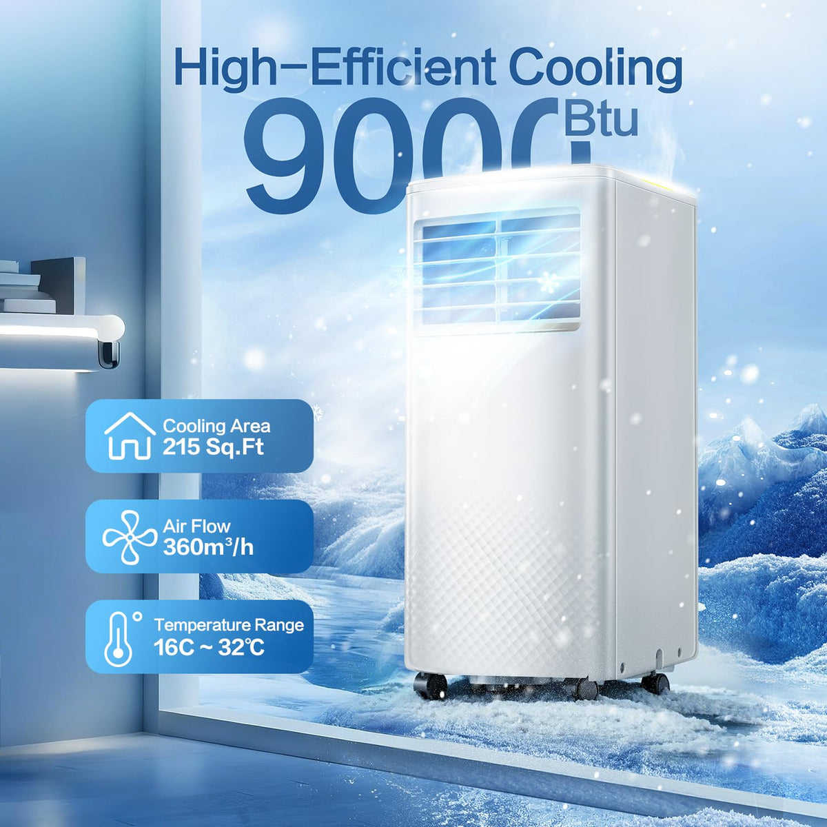 Air Conditioning Unit, 9000 BTU Portable Air Conditioner with 4-in-1 Cooling & Fan & Dehumidifier Function, AC Unit with Digital Display & Remote Control, 24H Timer for Room Up to 25~35 ㎡