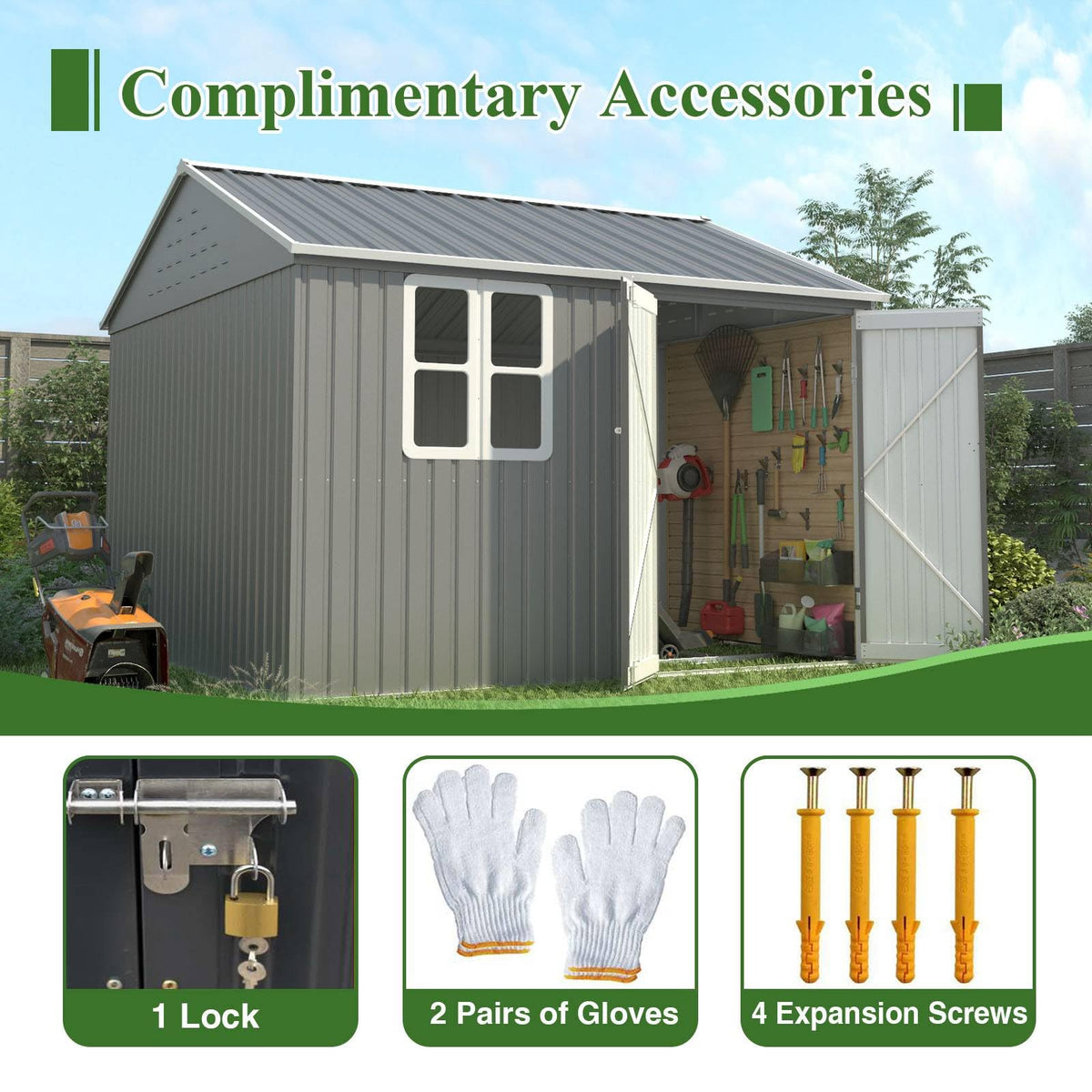 BIRCHTREE Garden Shed Steel Apex Roof House Outdoor Backyard Storage With Lockable Double Doors Window Free Foundation Tool Equipment Organizer Air Vents 10x8FT Grey
