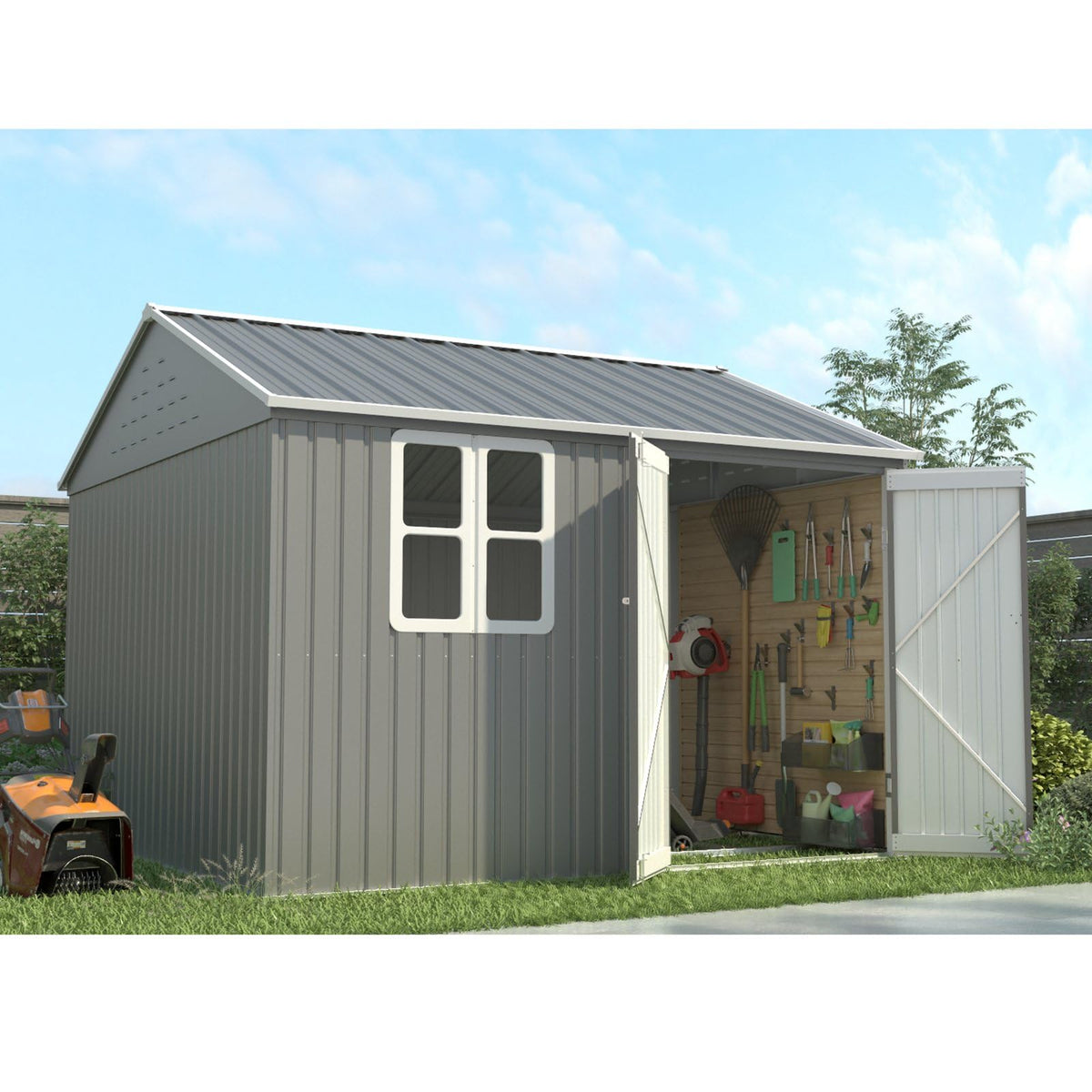 BIRCHTREE Garden Shed Steel Apex Roof House Outdoor Backyard Storage With Lockable Double Doors Window Free Foundation Tool Equipment Organizer Air Vents 10x8FT Grey