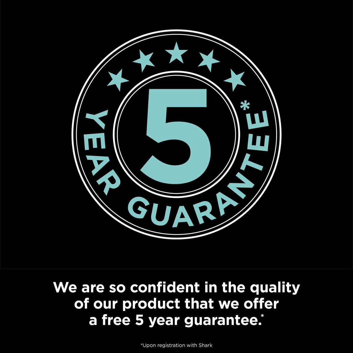 Circular '5‑year guarantee' badge graphic on a black background