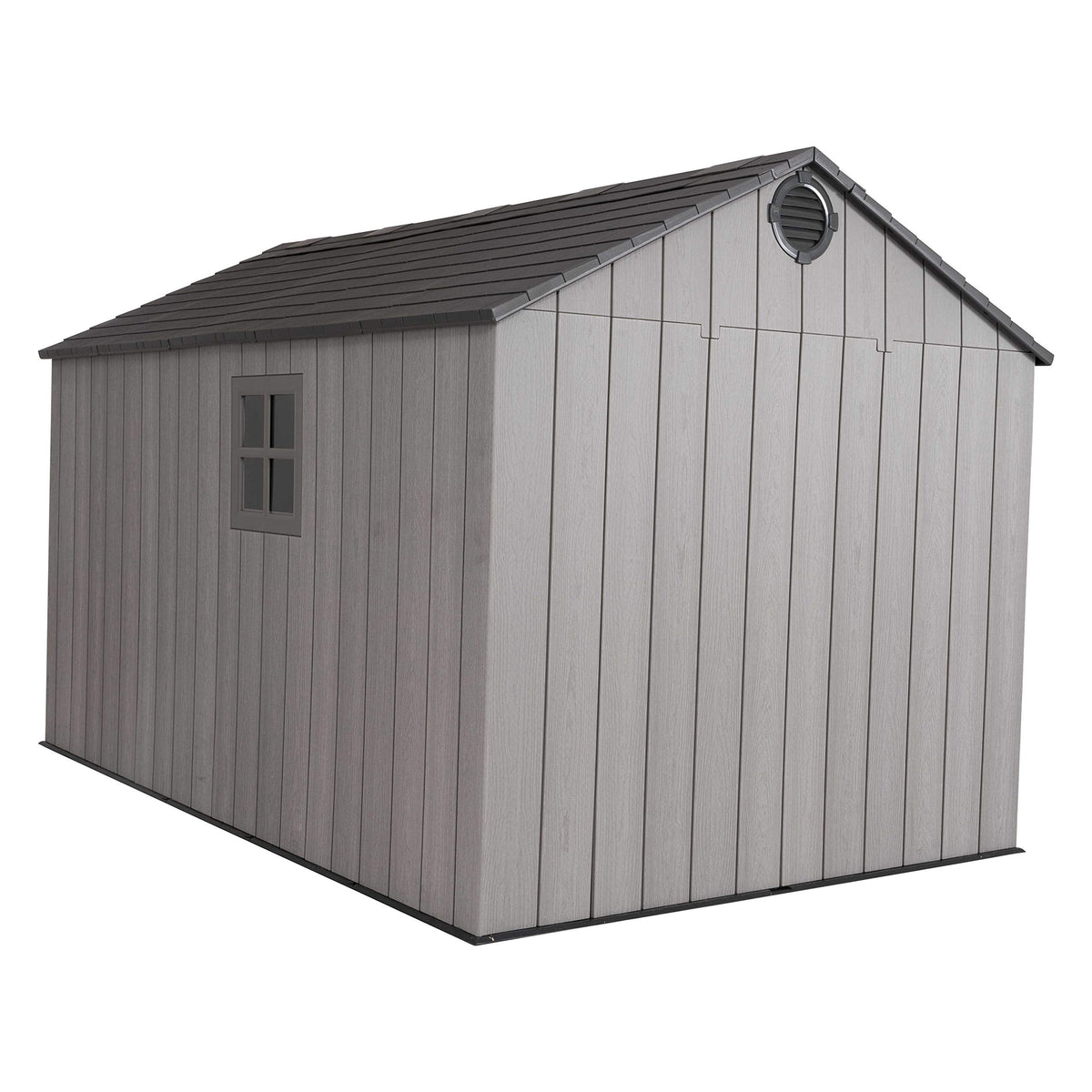 Side view of the shed roof and gable showing a round vent, wood‑effect siding and a small rectangular window.