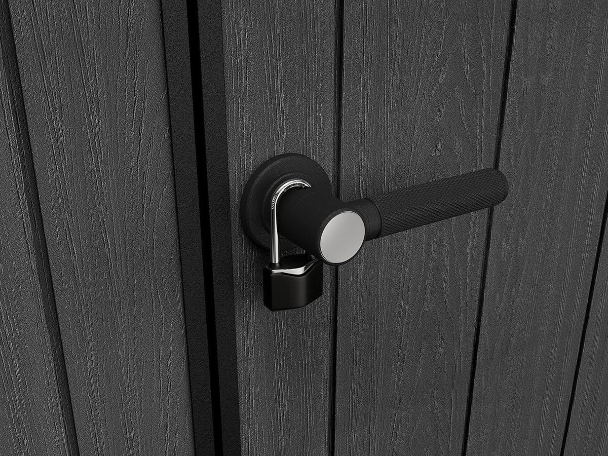 Close-up of black textured door handle with a small padlock on a dark wood‑effect shed door.