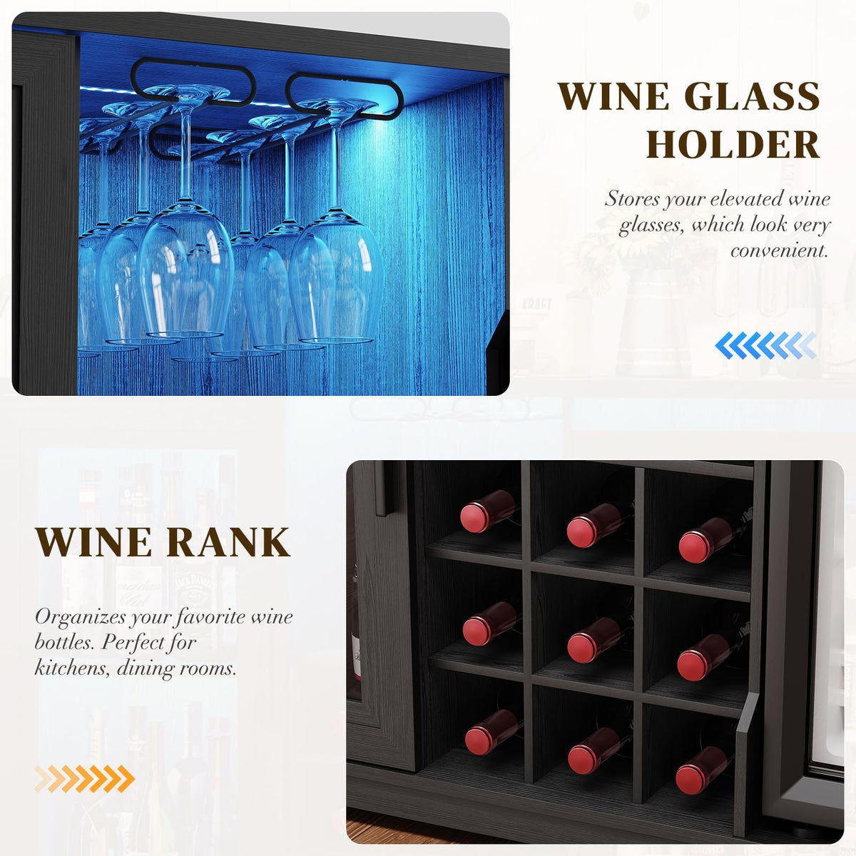 BROTTAR Wine Bar Cabinet with Fridge (Fridge Included), Drinks Coffee Cabinet with LED Lights & Rack, Mini Fridge Cabinet with Storage, Human Body Sensor, Sideboard for Kitchen Dining Room, Black