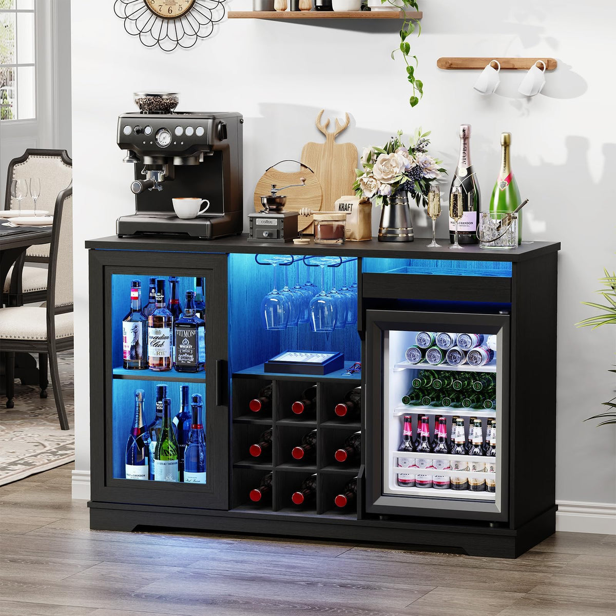 BROTTAR Wine Bar Cabinet with Fridge (Fridge Included), Drinks Coffee Cabinet with LED Lights & Rack, Mini Fridge Cabinet with Storage, Human Body Sensor, Sideboard for Kitchen Dining Room, Black