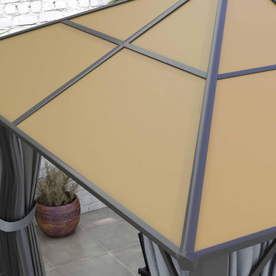 Close-up detail of tan polycarbonate roof panels and dark grey metal cross-bracing