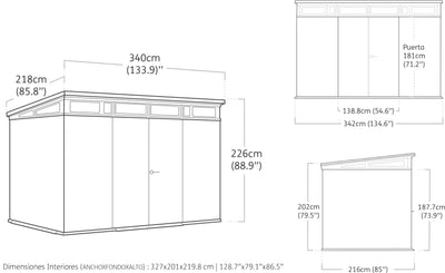 Technical line drawing of the shed showing multiple views and dimensional measurements