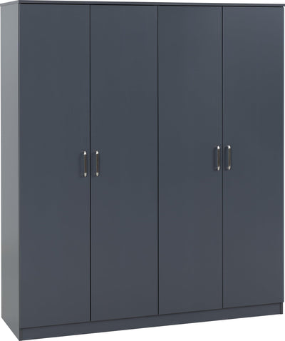 Front view of dark grey four-door wardrobe with slim vertical metal handles and minimalist flat top