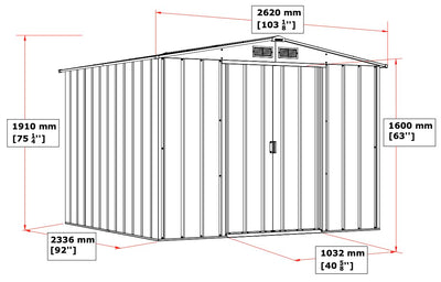 Technical line drawing of the shed with red arrows and labels showing external dimensions in mm and inches