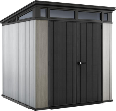 Close-up of shed front corner with black double doors, grey wood‑look side panels and clerestory windows.