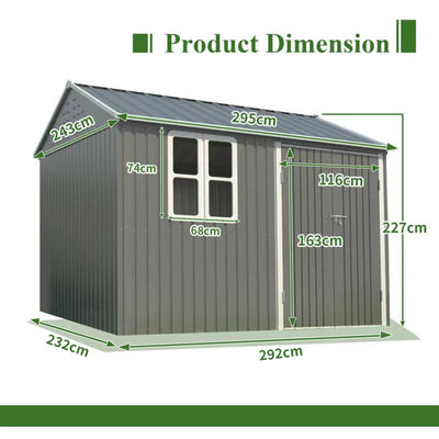 BIRCHTREE Garden Shed Steel Apex Roof House Outdoor Backyard Storage With Lockable Double Doors Window Free Foundation Tool Equipment Organizer Air Vents 10x8FT Grey