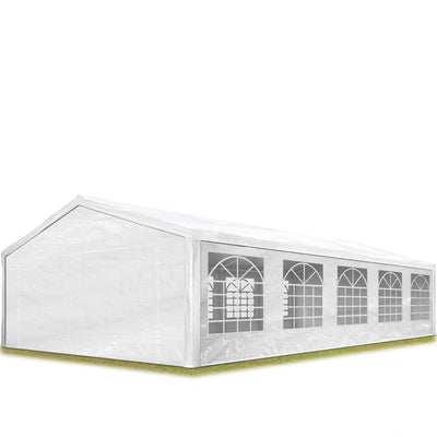 White 5x10 m marquee from front-left showing gable end and arched window side panels on grass