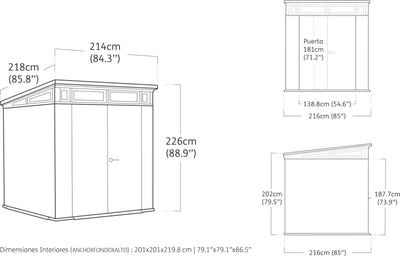 Black-and-white technical drawings showing shed elevations and dimensions in cm and inches.