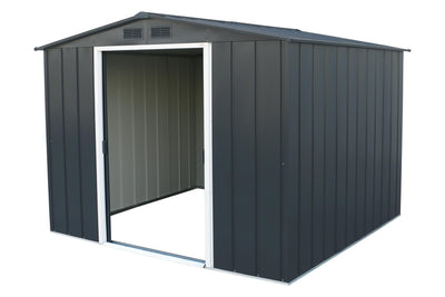Angled view of anthracite metal shed with one sliding door open revealing the empty light-colored interior