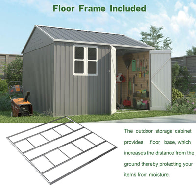 BIRCHTREE Garden Shed Steel Apex Roof House Outdoor Backyard Storage With Lockable Double Doors Window Free Foundation Tool Equipment Organizer Air Vents 10x8FT Grey