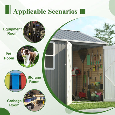 BIRCHTREE Garden Shed Steel Apex Roof House Outdoor Backyard Storage With Lockable Double Doors Window Free Foundation Tool Equipment Organizer Air Vents 10x8FT Grey