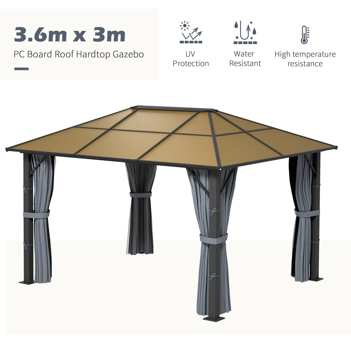 Front view of gazebo roof panels and corner posts with tied curtains, labelled 3.6m x 3m in the image