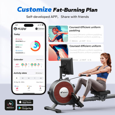 MERACH Magnetic Rowing Machine with 15.6" HD Screen, 16 Resistance Levels, Dual Slide Rails, 158kg Capacity