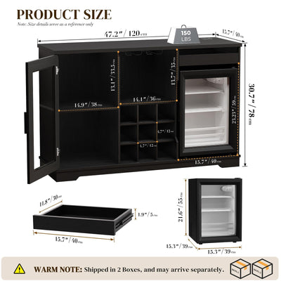BROTTAR Wine Bar Cabinet with Fridge (Fridge Included), Drinks Coffee Cabinet with LED Lights & Rack, Mini Fridge Cabinet with Storage, Human Body Sensor, Sideboard for Kitchen Dining Room, Black