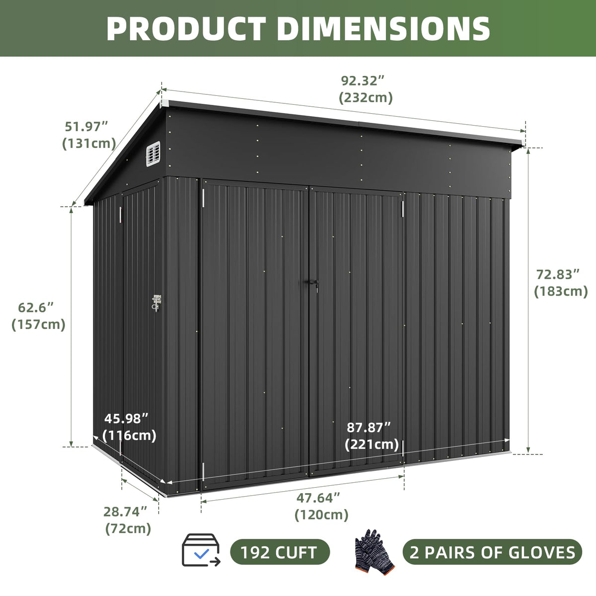 Aoxun 8x4ft Metal Garden Shed Pent Roof, Bike Sheds and Outdoor Storage