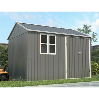 BIRCHTREE Garden Shed Steel Apex Roof House Outdoor Backyard Storage With Lockable Double Doors Window Free Foundation Tool Equipment Organizer Air Vents 10x8FT Grey