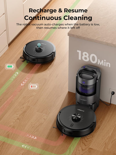 Robot returning to its charging base along colored path overlays, demonstrating auto-recharge and resume cleaning