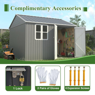 BIRCHTREE Garden Shed Steel Apex Roof House Outdoor Backyard Storage With Lockable Double Doors Window Free Foundation Tool Equipment Organizer Air Vents 10x8FT Grey