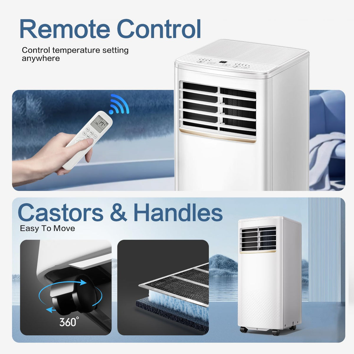 Air Conditioning Unit, 9000 BTU Portable Air Conditioner with 4-in-1 Cooling & Fan & Dehumidifier Function, AC Unit with Digital Display & Remote Control, 24H Timer for Room Up to 25~35 ㎡