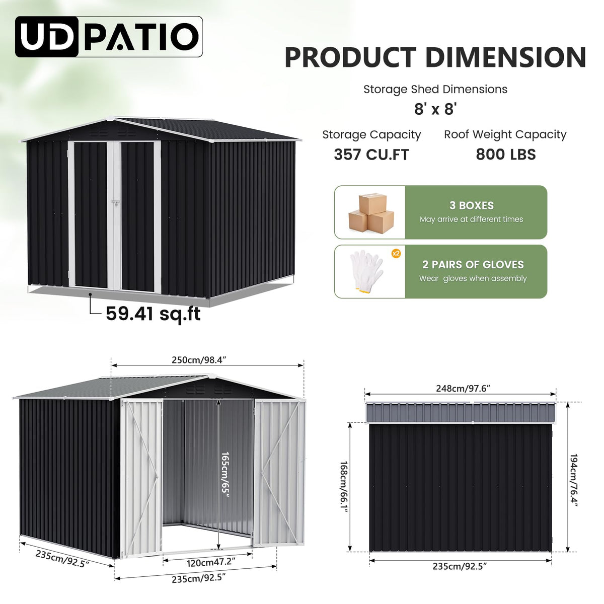 UDPATIO Outdoor Storage Shed 8x8 FT, Outside Sheds & Outdoor Storage Metal Galvanized Steel Yard, Patio, Lawn, Tool Shed with Lockable Door for Can, Bike, Lawnmower, Generator,Dark Grey