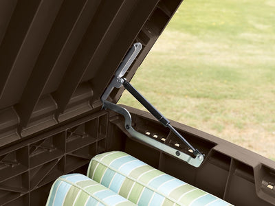 Side corner view of storage box showing rattan-effect panel and supporting leg