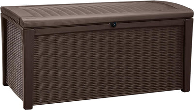 Closed brown rattan-effect outdoor storage box, front view with visible lock loop