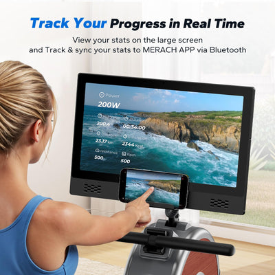 MERACH Magnetic Rowing Machine with 15.6" HD Screen, 16 Resistance Levels, Dual Slide Rails, 158kg Capacity