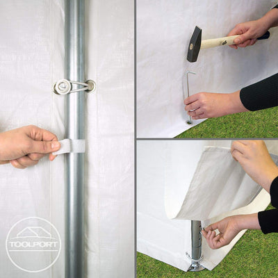 Assembly detail collage showing a velcro strap on a pole, a ground peg being hammered and a side-panel fastening