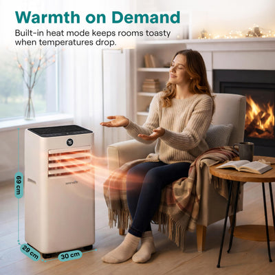 Portable AC installed by a window with the flexible exhaust hose and window kit; inset photos show attaching the hose to t…
