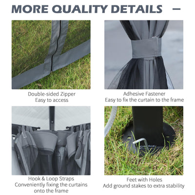 Collage of close-up quality details: mesh zipper, adhesive curtain fastener, hook-and-loop strap and metal foot with stake