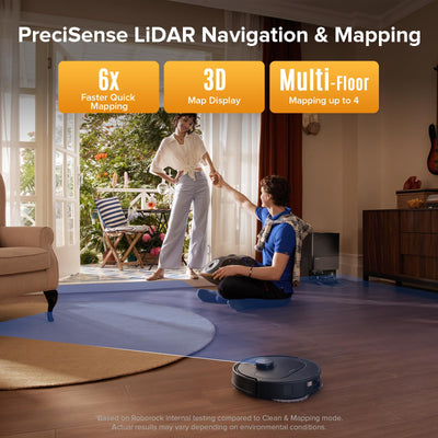 Living-room scene showing the robot mapping the area with people in the background and orange badges noting faster mapping…