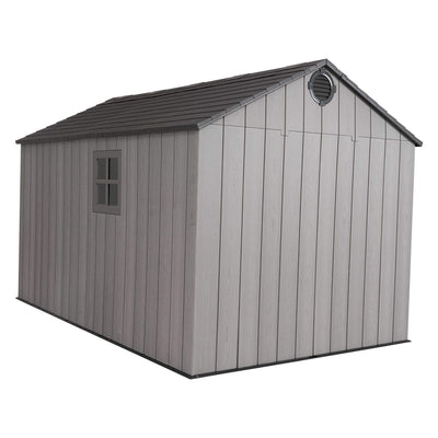 Side view of the shed roof and gable showing a round vent, wood‑effect siding and a small rectangular window.