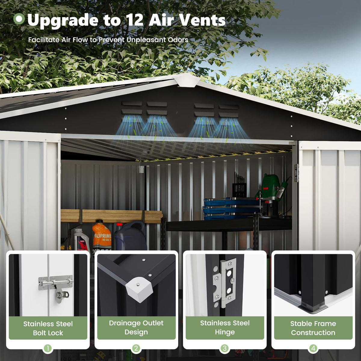 UDPATIO Outdoor Storage Shed 8x8 FT, Outside Sheds & Outdoor Storage Metal Galvanized Steel Yard, Patio, Lawn, Tool Shed with Lockable Door for Can, Bike, Lawnmower, Generator,Dark Grey