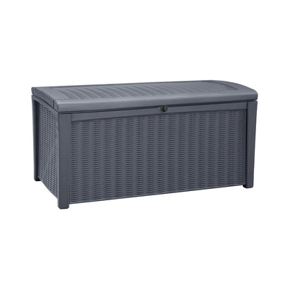 Top of grey rattan-effect outdoor storage box showing curved lid, textured surface and lock loop