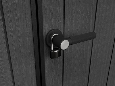 Close-up of black textured door handle with a small padlock on a dark wood‑effect shed door.