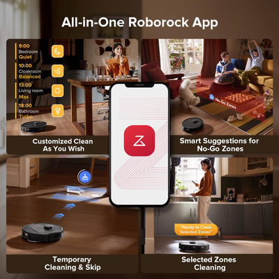 Smartphone app mockup centered over two scenes: scheduled/customized cleaning options on the left and smart No‑Go zone sug…