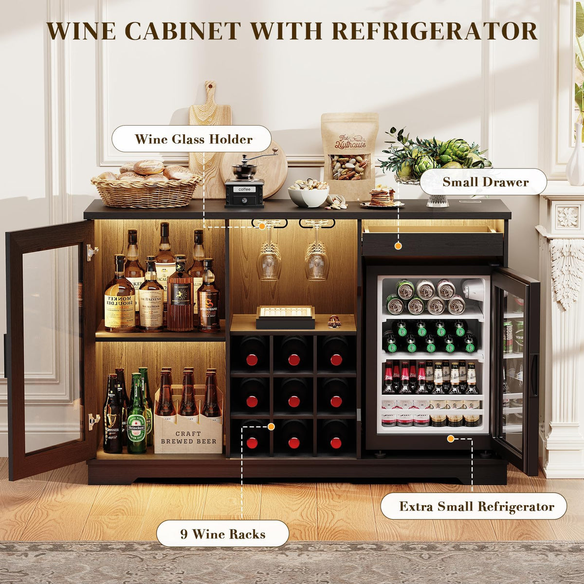 BROTTAR Wine Bar Cabinet with Fridge (Fridge Included), Drinks Coffee Cabinet with LED Lights & Rack, Mini Fridge Cabinet with Storage, Human Body Sensor, Sideboard for Kitchen Dining Room, Black