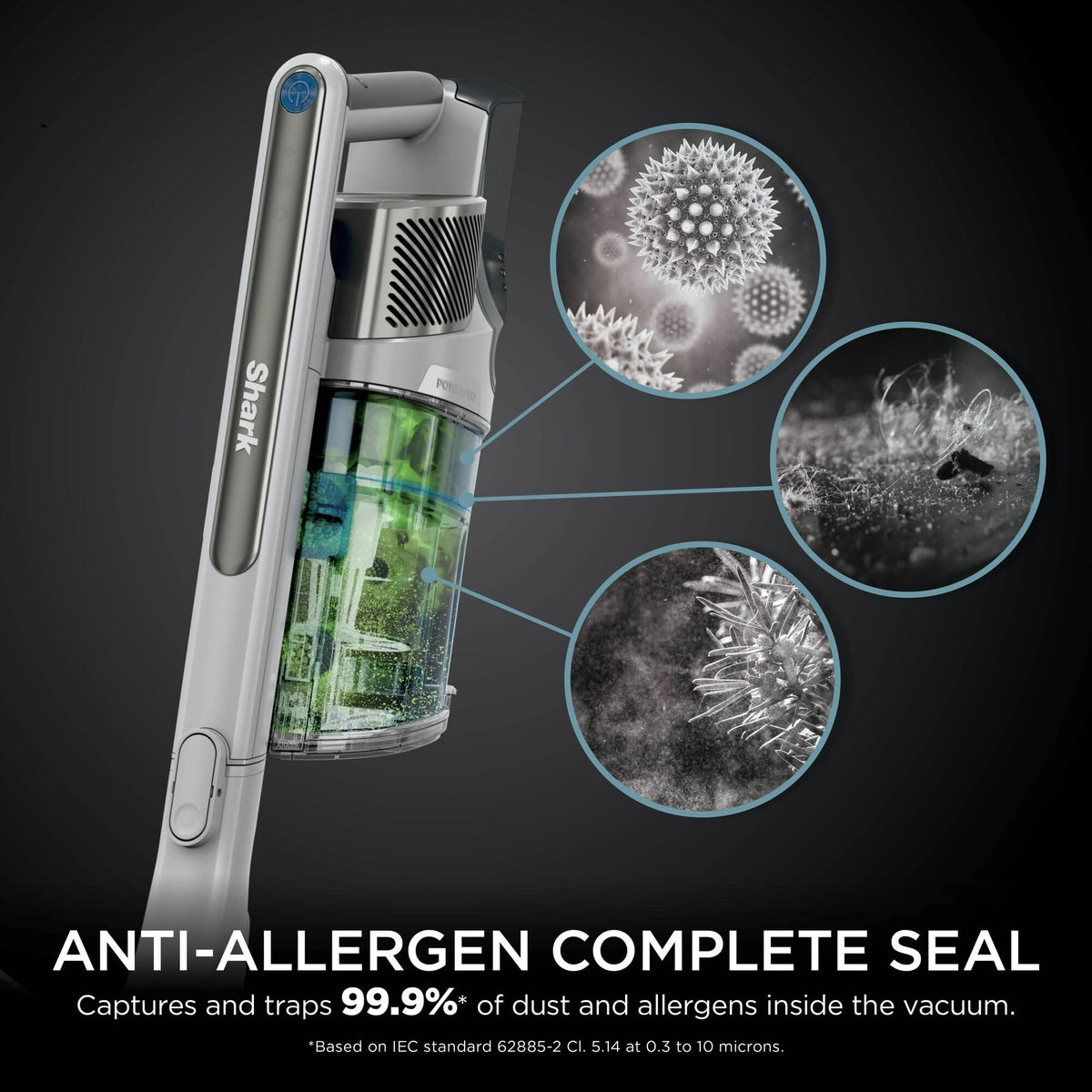 Handheld vacuum and clear dustcup with magnified circles showing pollen and dust to highlight the Anti‑Allergen Complete S…
