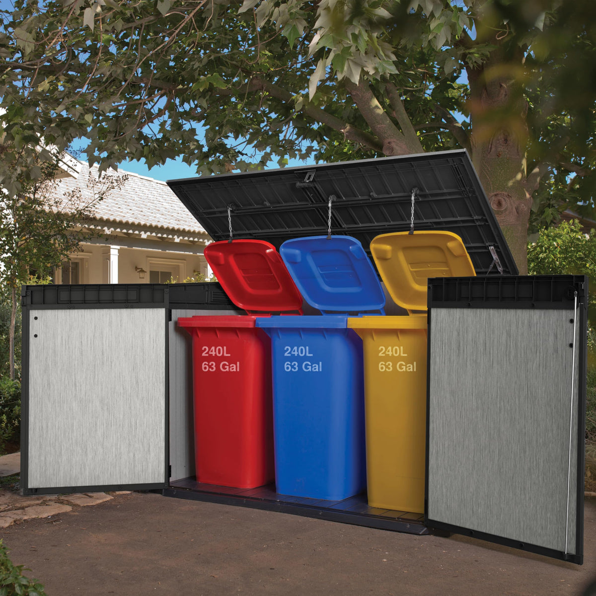 Keter Grande Store Outdoor Double Door Garden Furniture Storage Shed Grey Duotech+ Wood Look and Feel | Fade Free | All Weather Resistant | Safe and Secure | Zero Maintenance