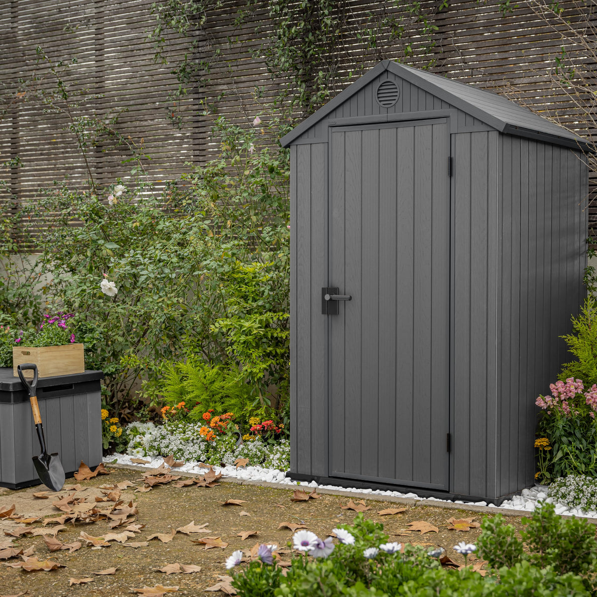 Keter Darwin 4x4 Outdoor Storage Shed - Grey | Small Resin Garden Tool Shed | Wood-Effect Weatherproof Double-Wall with Skylight & Ventilation